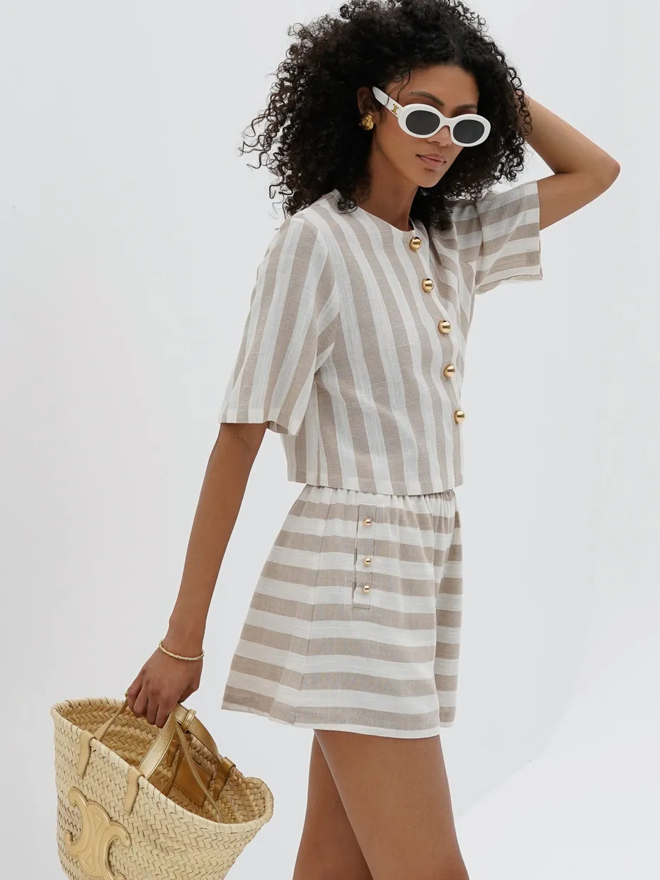 Simona Stripe Resort Shirt | Almond & White