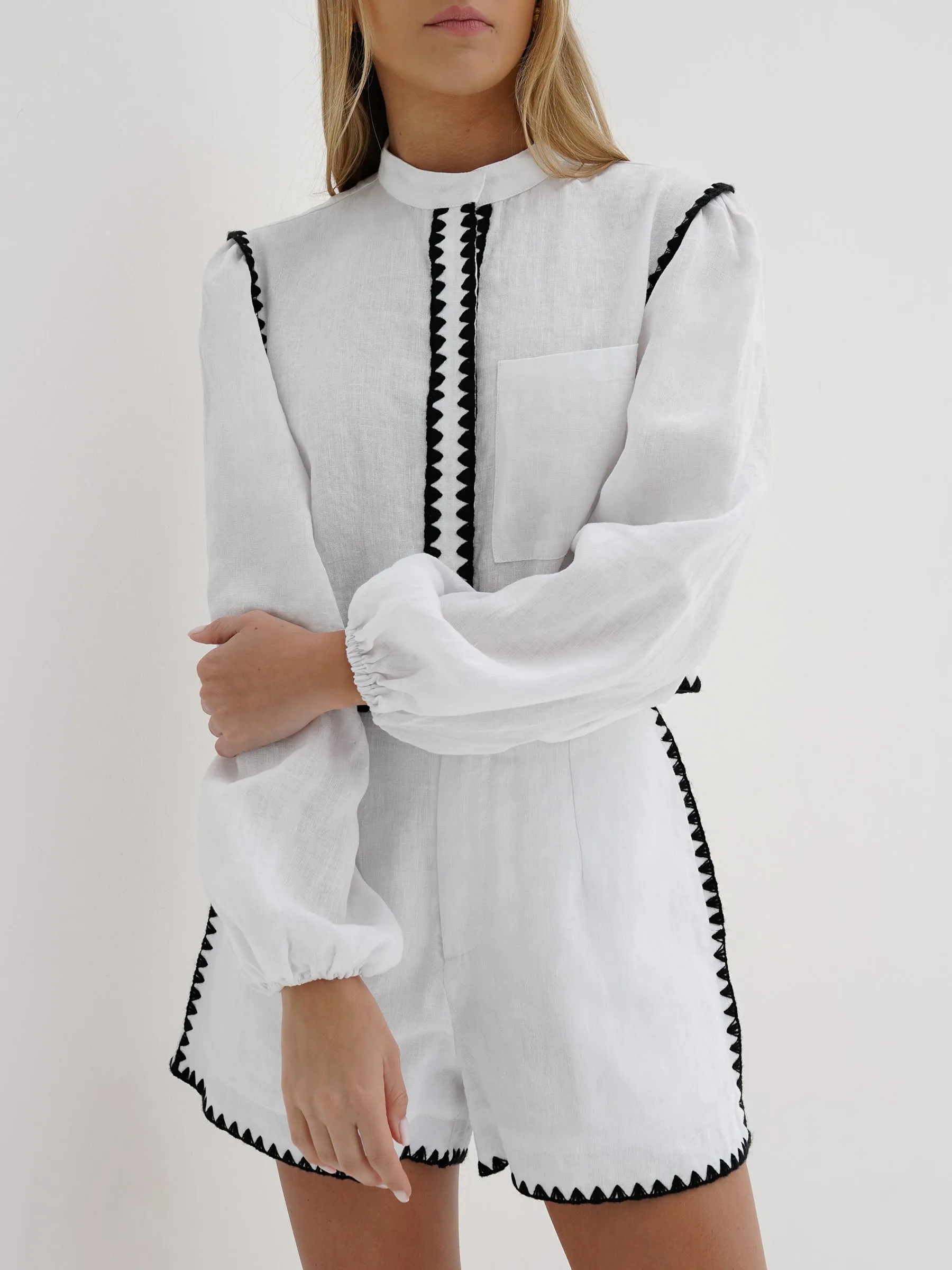 Tammy Contrast Stitch Linen Shirt | White/Black