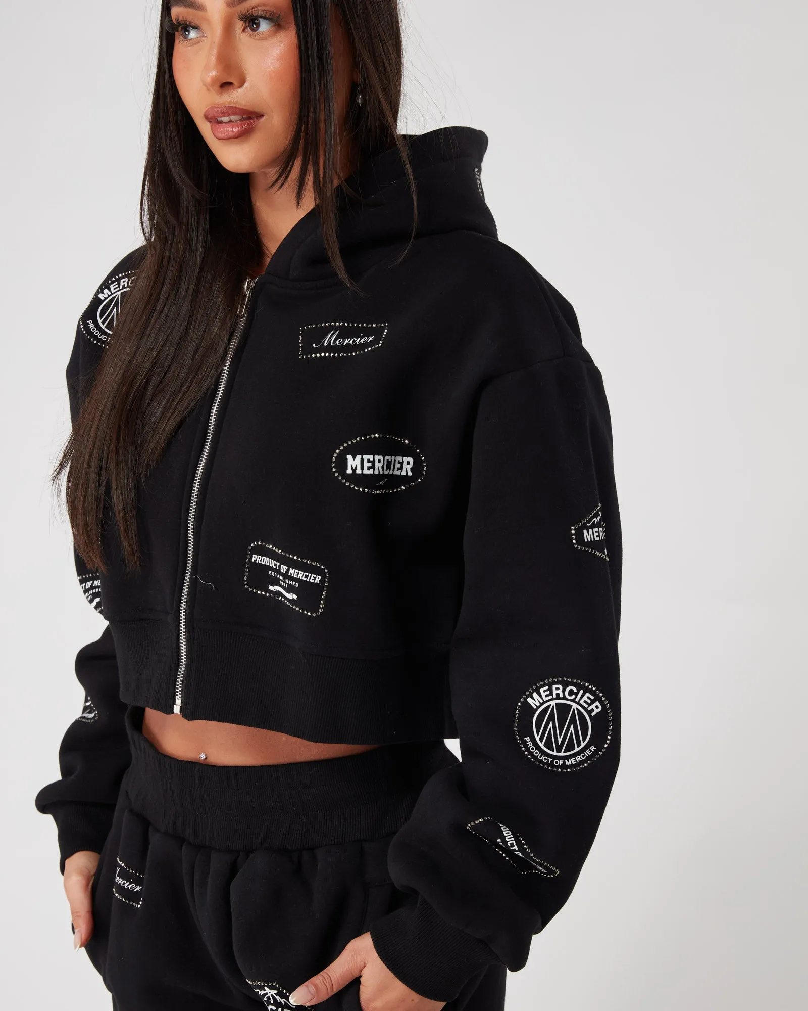 Womens Black Diamante Badge Zip Hood